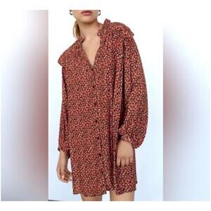 Zara Red Floral Printed Button Ruffle Shoulder Long Sleeve Mini Dress Size Small